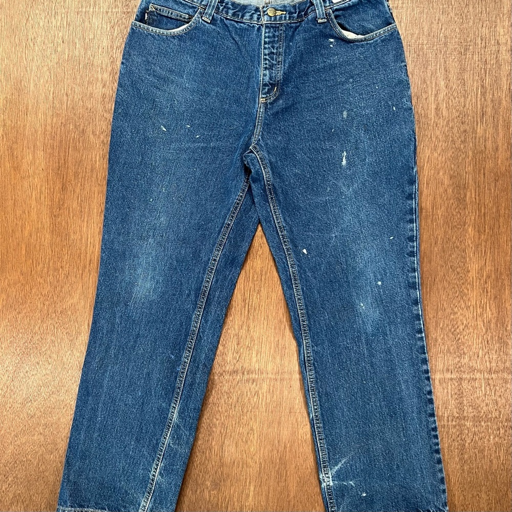 Rugged Carhartt Flame Resistant Blue Denim Construction Work Pants 36x32